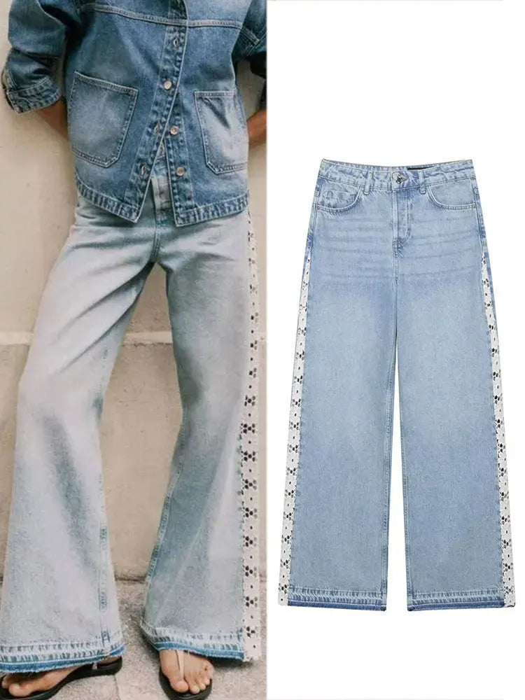Verani Crochet-Trim High Waist Wide Leg Jeans
