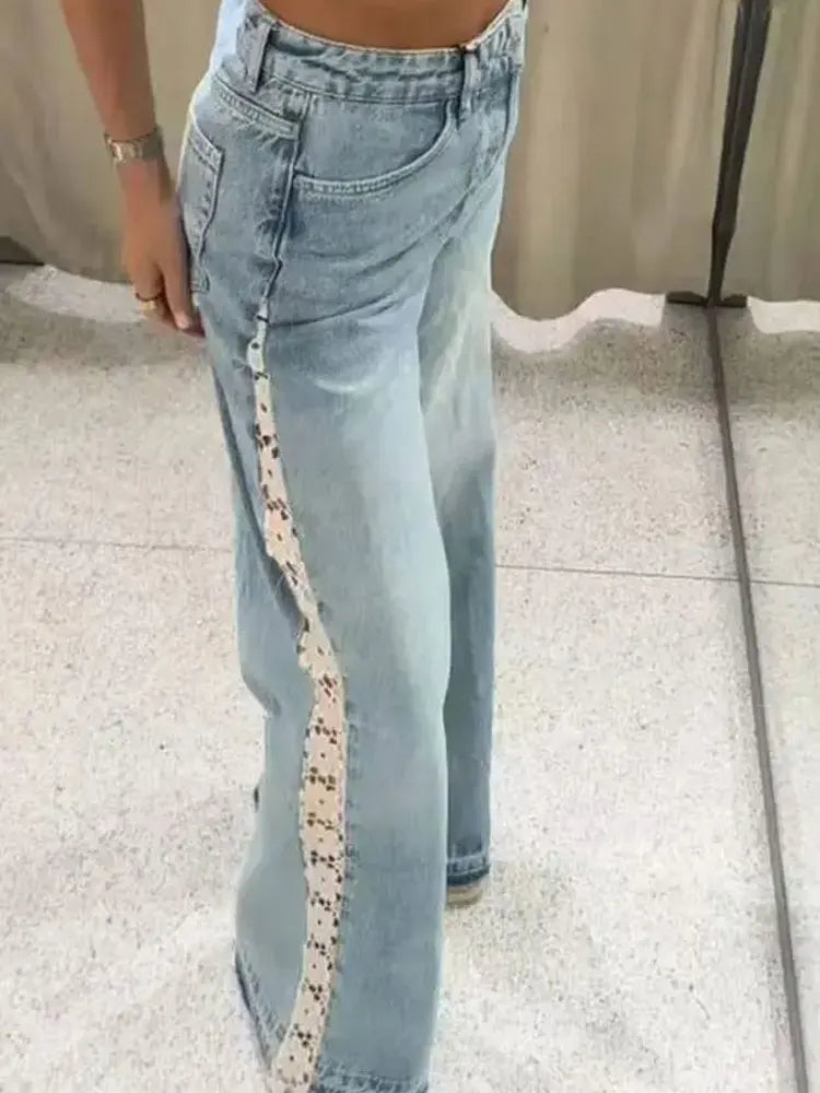 Verani Crochet-Trim High Waist Wide Leg Jeans