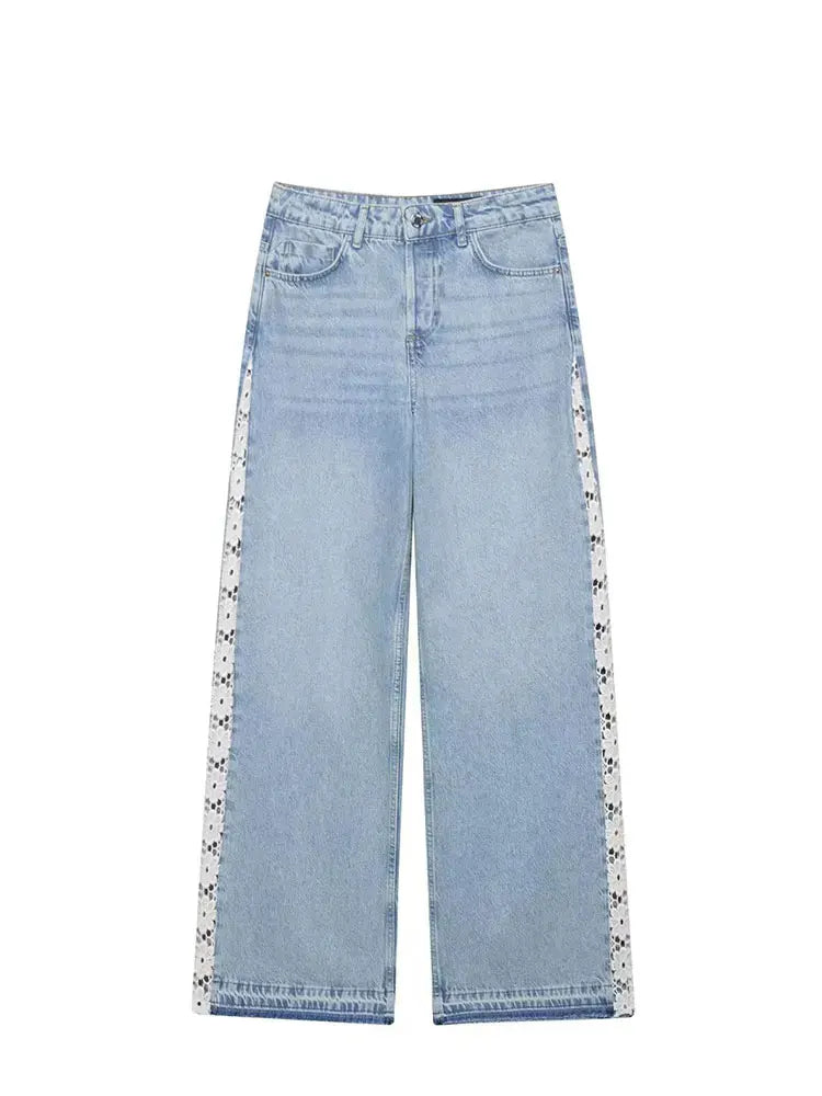Verani Crochet-Trim High Waist Wide Leg Jeans