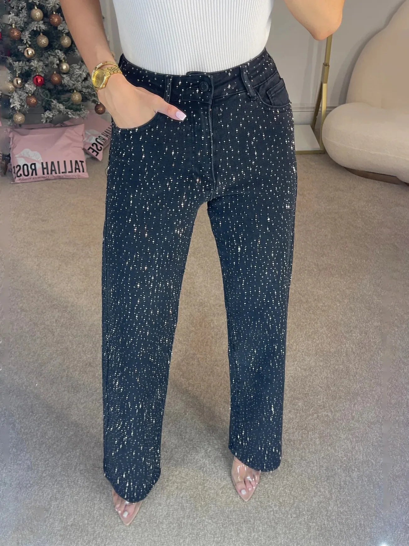 Verani Crystal-Embellished High-Waist Straight-Leg Jeans